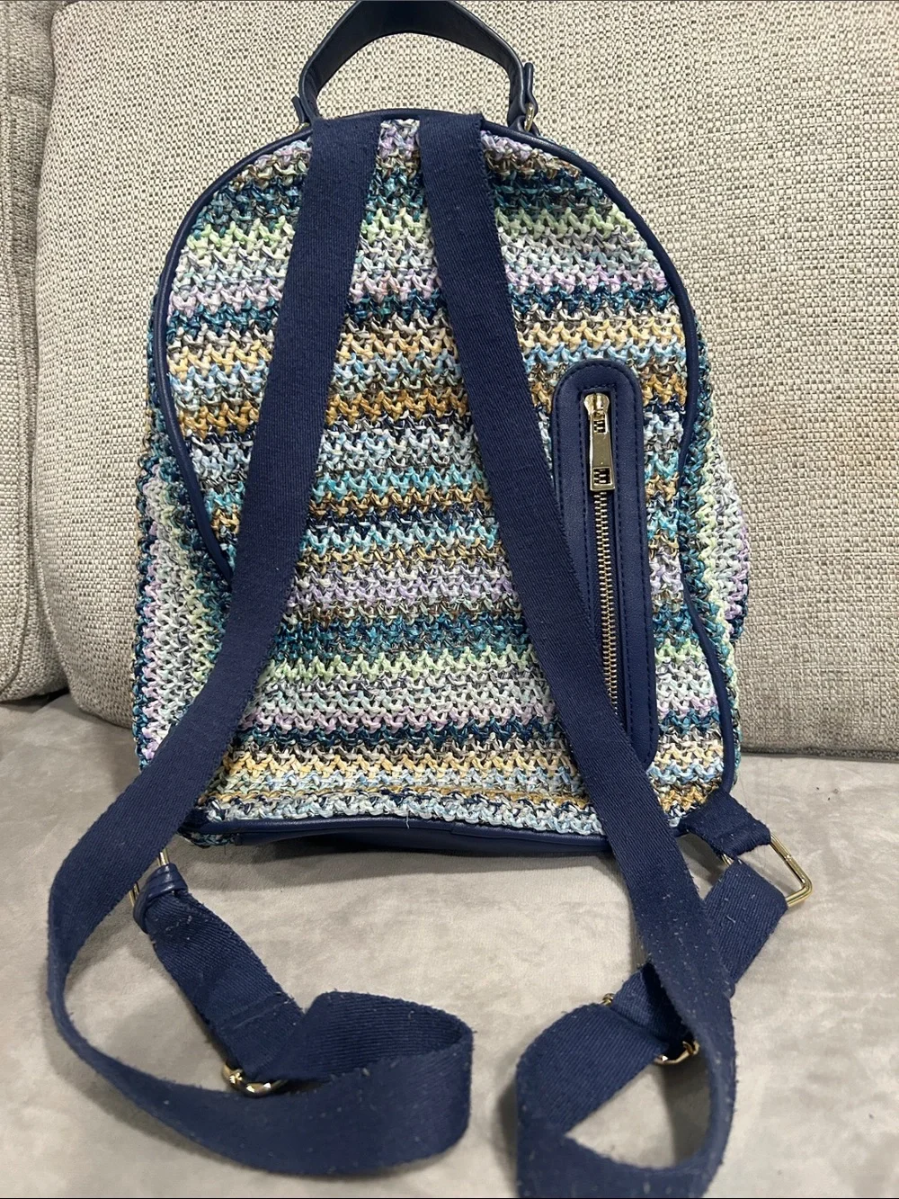 Tommy Bahama Multicolor Striped Woven Mini Backpack with Navy Trim